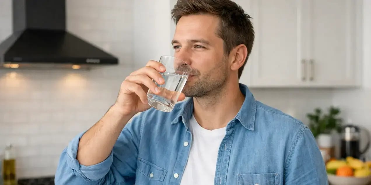 Hombre en la cocina tomando un vaso de agua