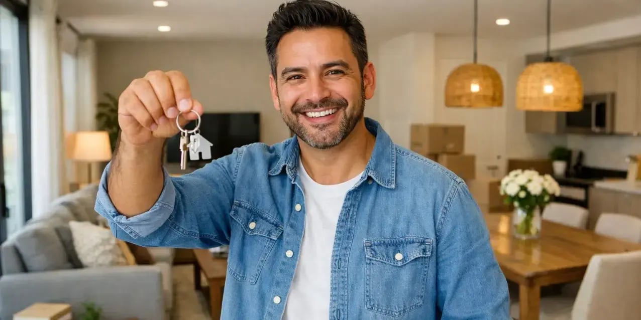 Hombre en la sala comedor de su nueva casa sosteniendo las llaves