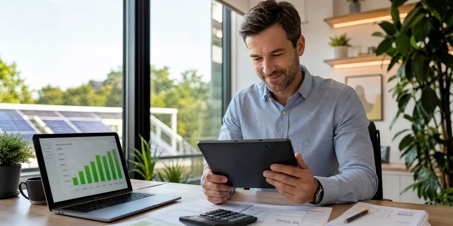 Hombre en su casa u oficina moderna, calculando cuánto dinero ahorrará con paneles solares. Está sentado en un escritorio con una calculadora, laptop o tablet mostrando gráficos de consumo y ahorro energético.