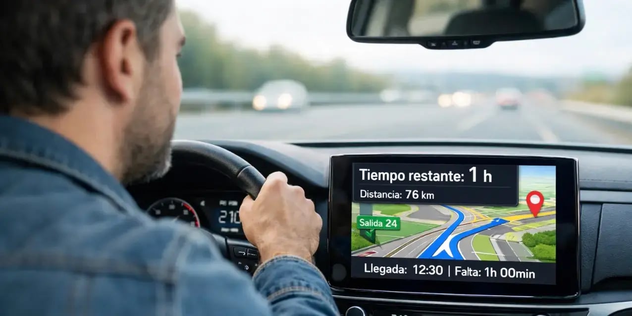 Hombre en su coche viendo en la pantalla del tablero que le falta 1  hora llegar a su destino
