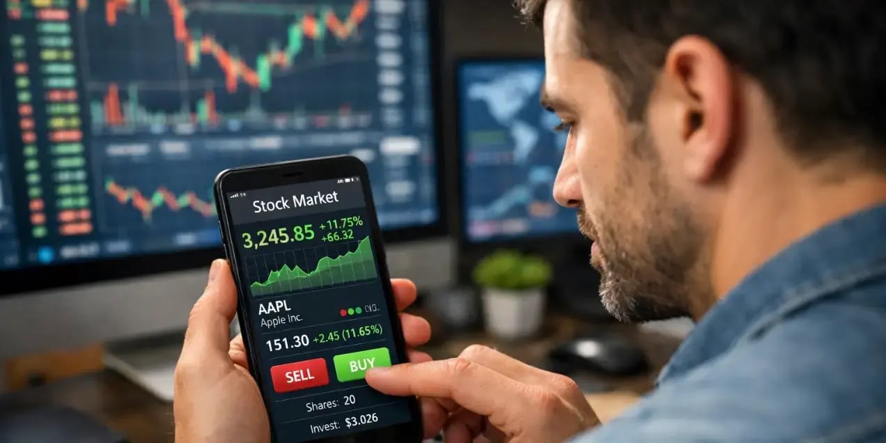 Hombre en un celular invirtiendo en la bolsa de valores