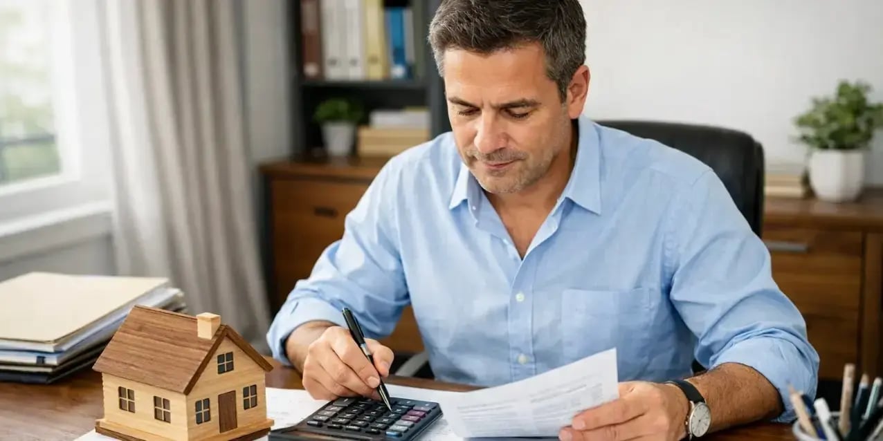 Hombre en un escritorio con documentos y una calculadora y una casa de madera