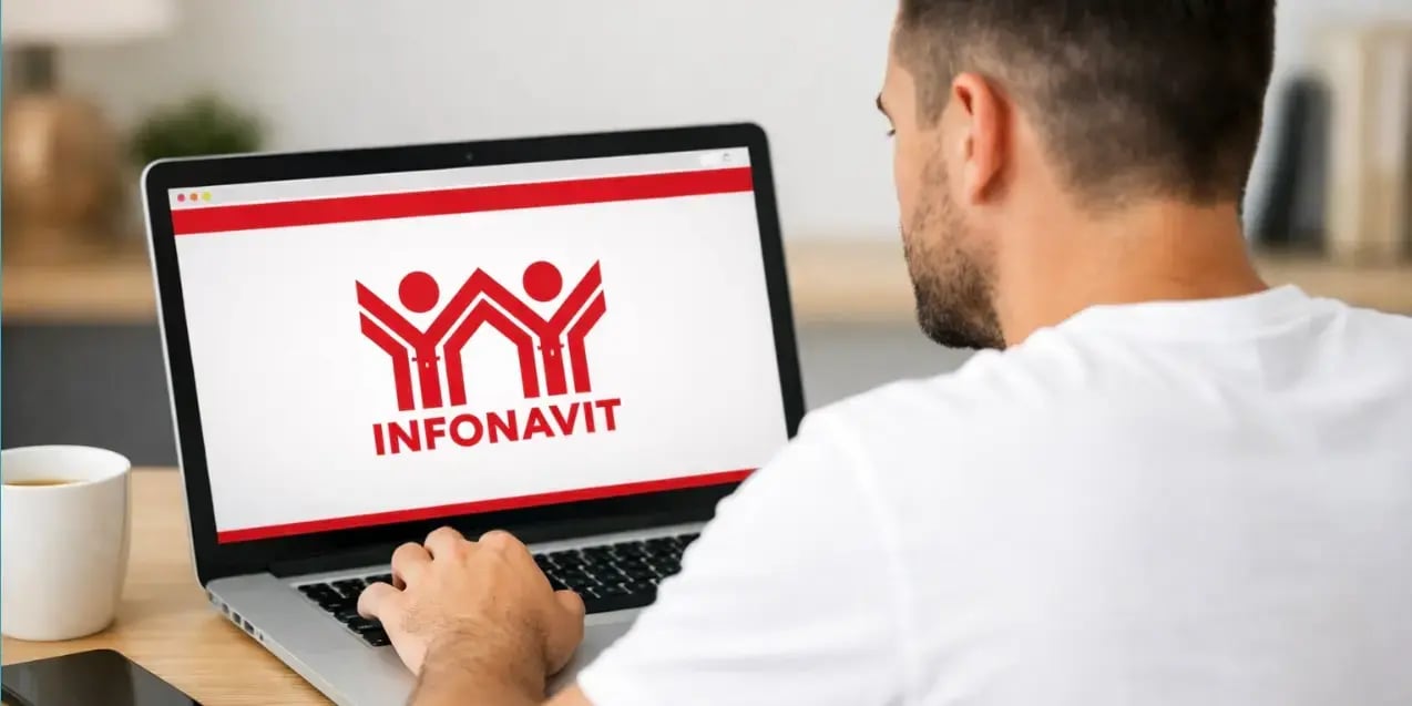 Hombre en una computadora en la pagina del Infonavit