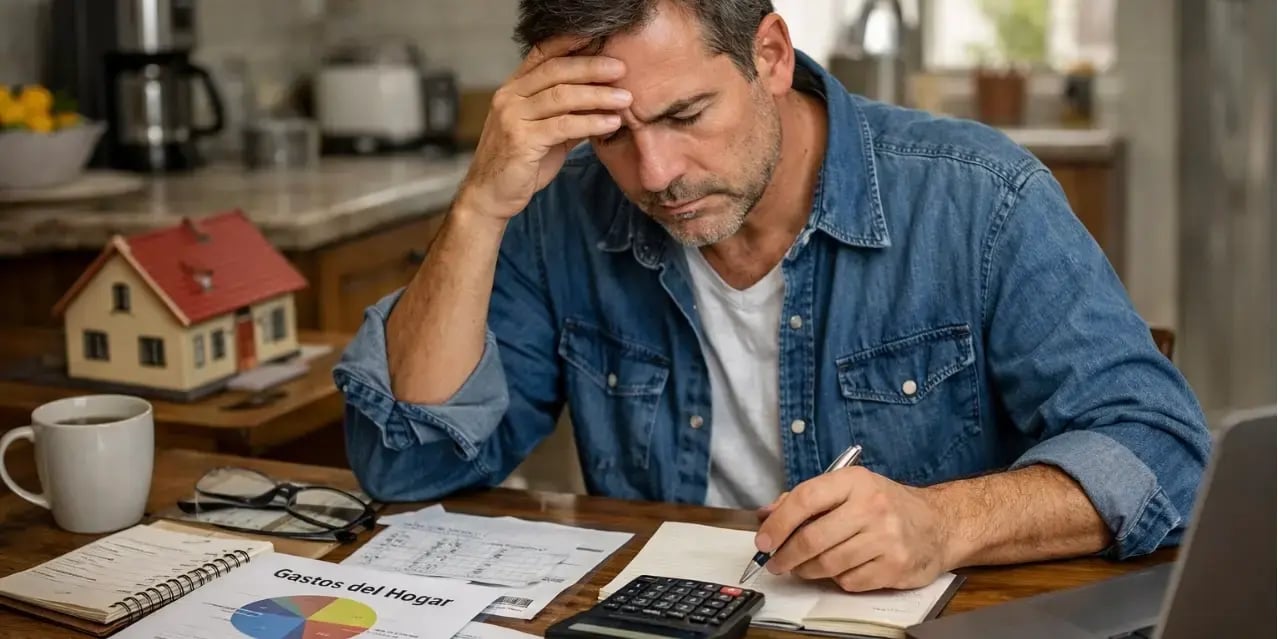 Hombre en una mesa sacando cuentas de los gastos para mantener una casa
