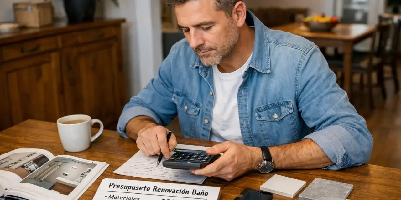 Hombre en una mesa sacando el presupuesto de cuanto le cuest renovar el baño