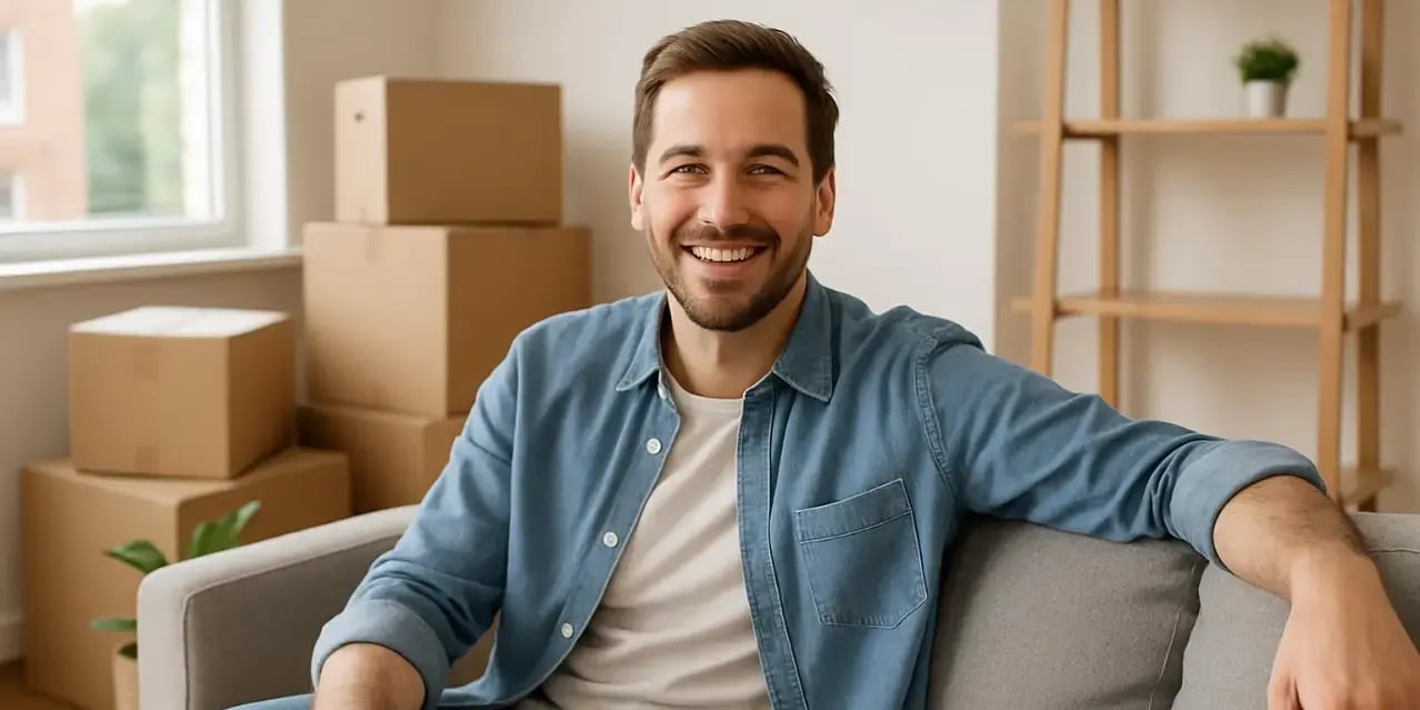 Hombre feliz en la sala de su nueva casa
