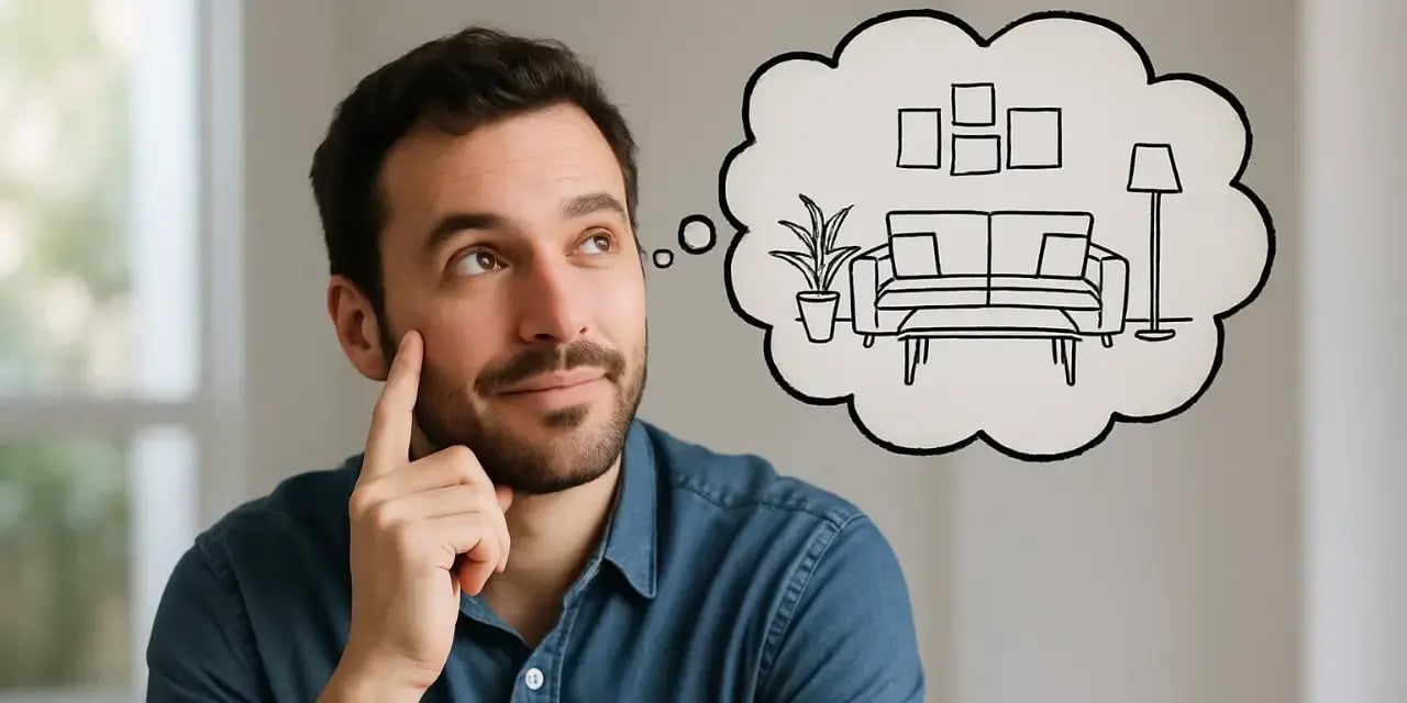 Hombre imaginando como va a decorar su nueva casa