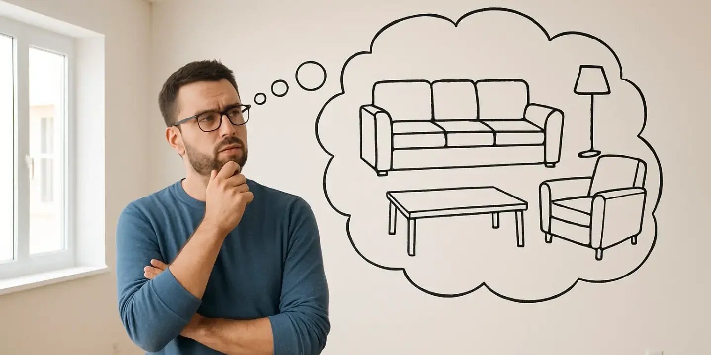 Hombre imaginando los muebles que va a poner en la sala de su nueva casa