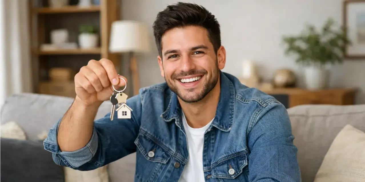 Hombre joven feliz sentado en la sala de su casa sosteniendo las llaves