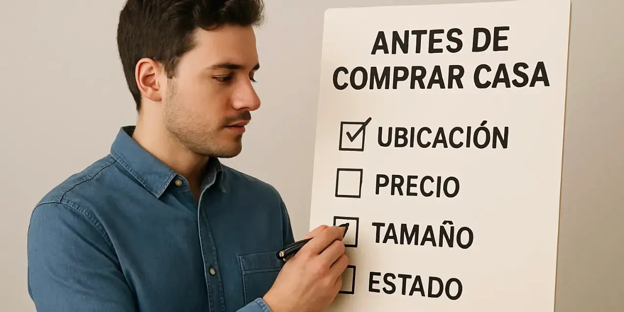 Hombre joven palomeando una lista de cosas en las que se debe de fijar antes de comprar casa