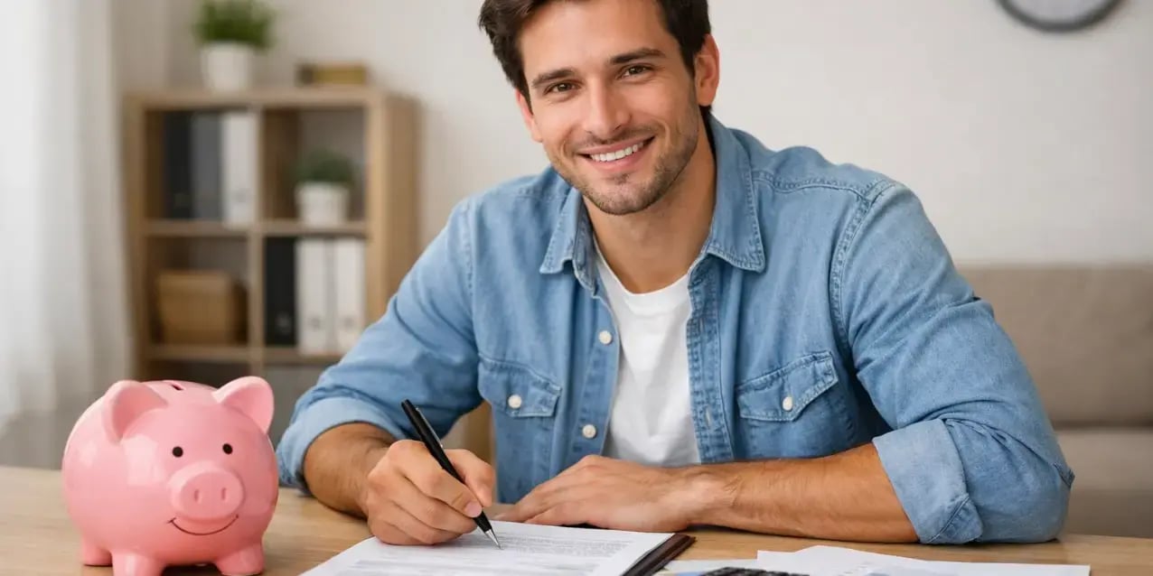 Hombre joven sentado en una mesa con documentos y una alcanca de marrano revisando su ahorro programado y el uso de subcuenta de vivienda