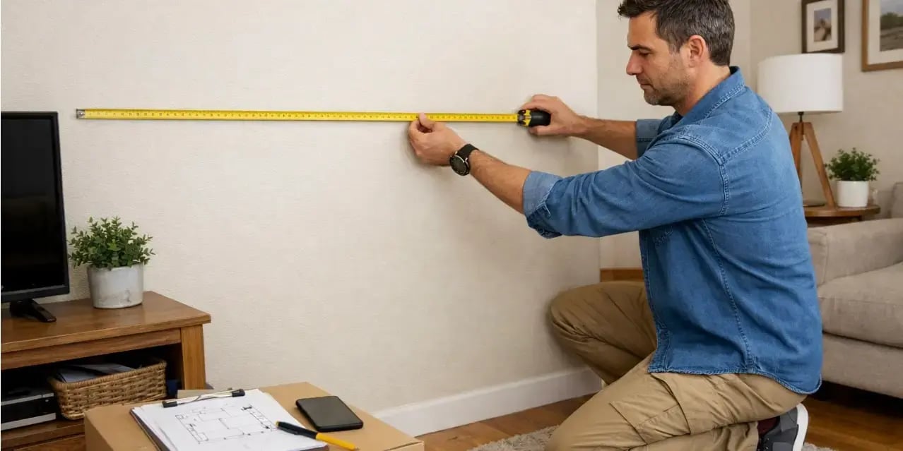 Hombre midiendo las paredes de la sala para ver si cabe el sillon bien 