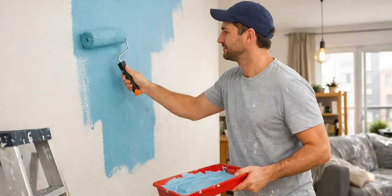 Hombre pintando una pared de su departamento