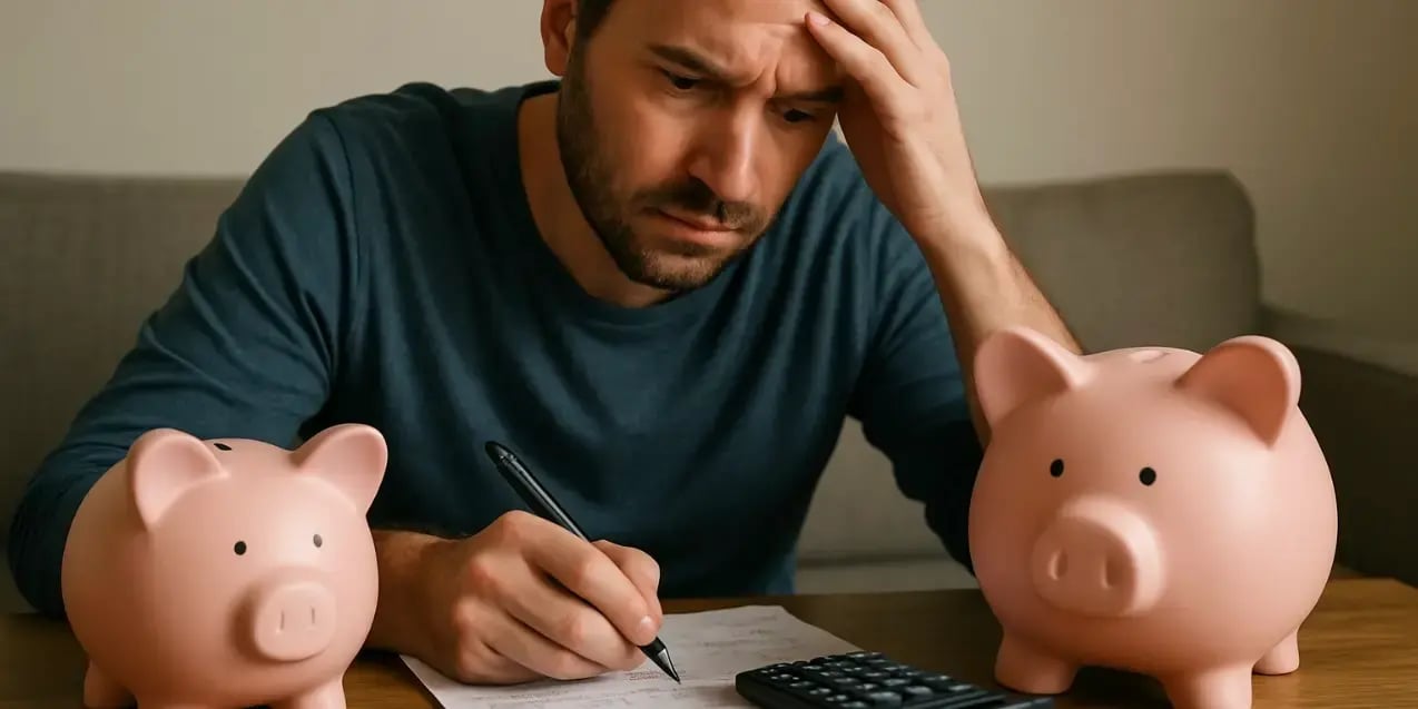 Hombre preocupado haciendo cuentas y con unas alcancas de marrano revisando cuanto va a pagar de crédito hipotecario