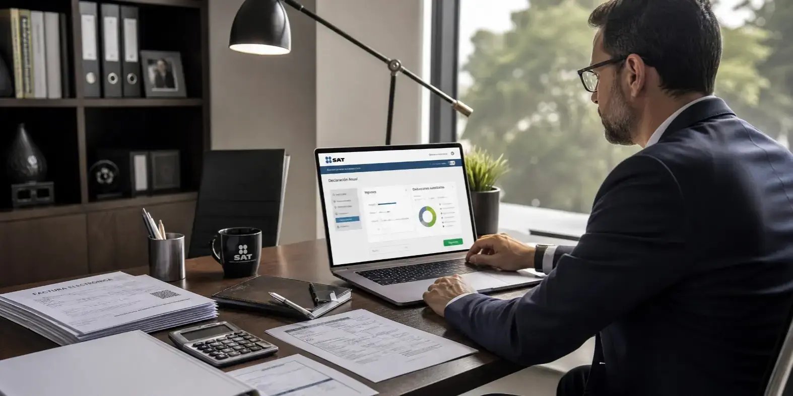 Hombre realizando su declaración de impuestos en línea desde su casa u oficina, utilizando una laptop con documentos fiscales organizados sobre el escritorio.