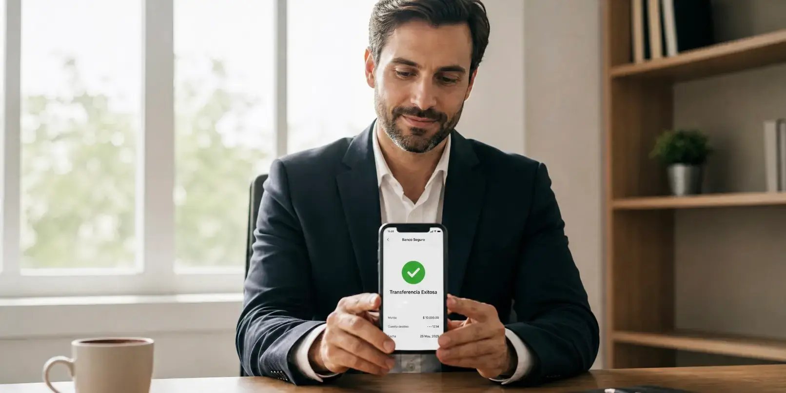 Hombre realizando una transferencia electrónica desde su teléfono móvil en un espacio moderno y ordenado.