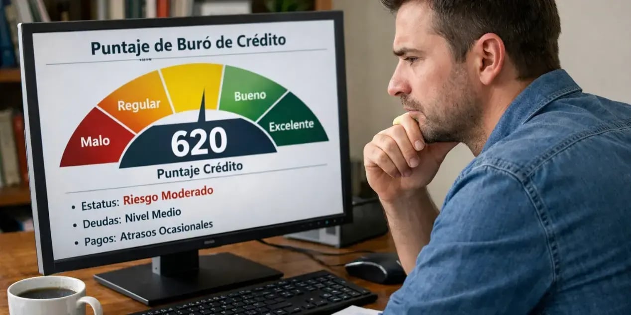 Hombre revisando en la computadora su puntaje de buro de credito