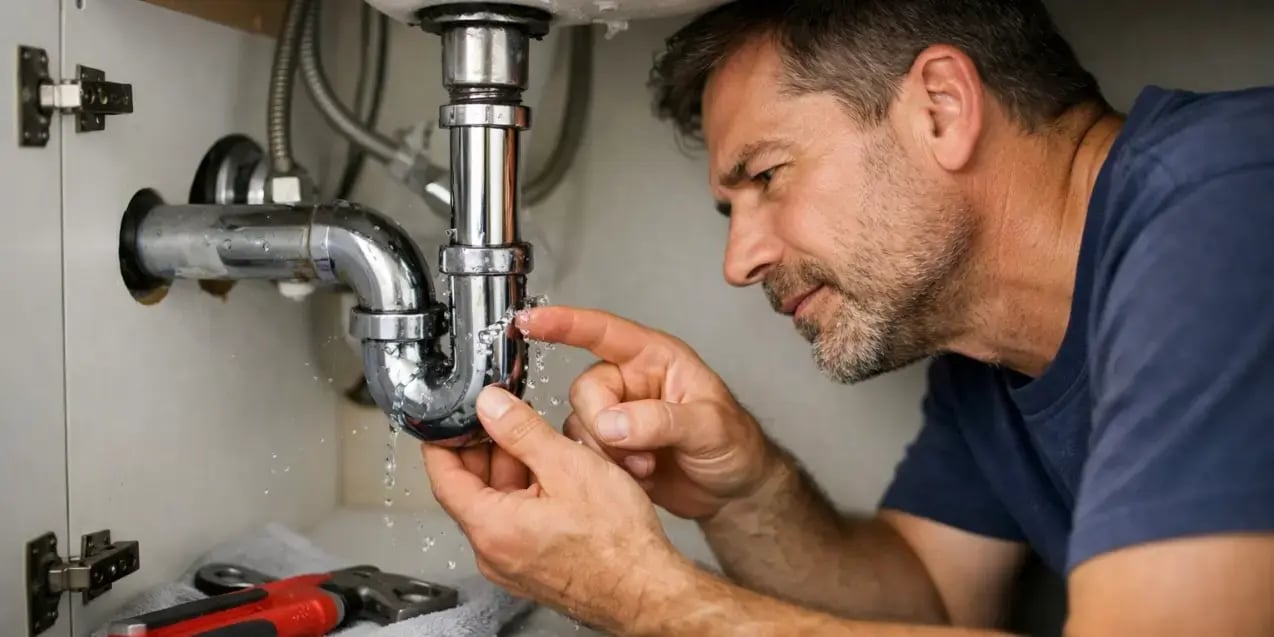 Hombre revisando pequeña fuga en el lavabo y darle mantenimiento a su casa