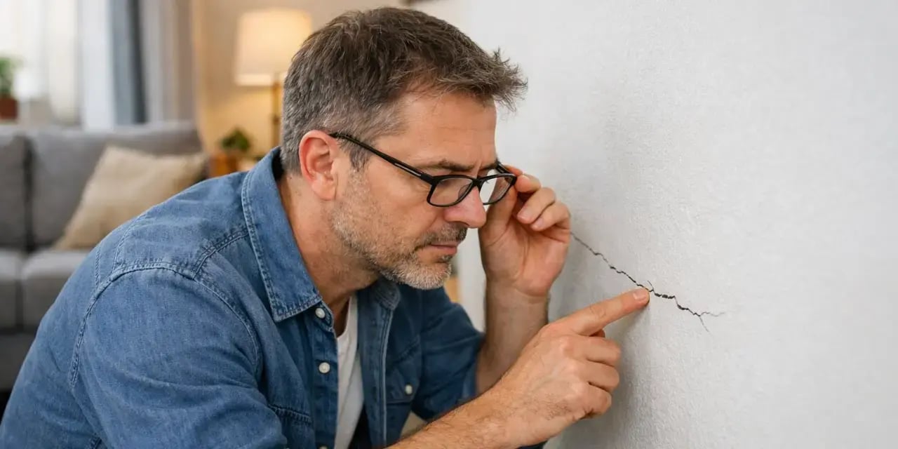 Hombre revisando una pequeña grieta que hay en la casa