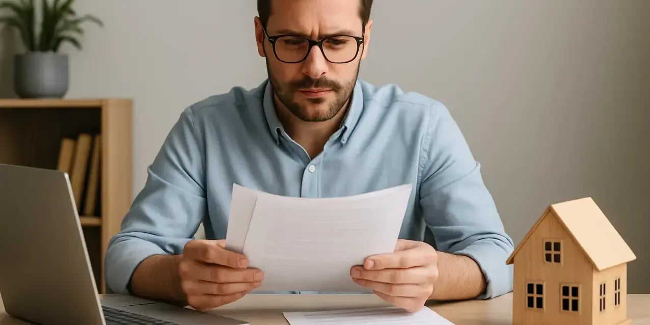 Hombre revisando unos documentos en el escritorio hay una computadora y una casa de madera