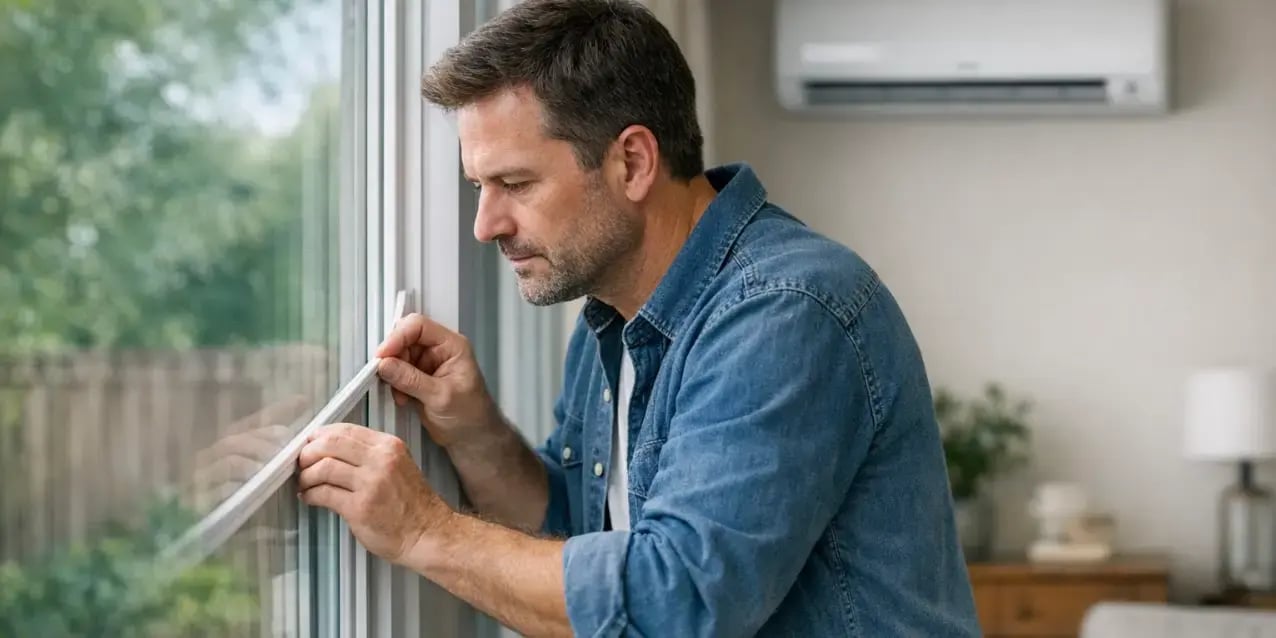 Hombre sellando la ventana de su casa para mantenerla aisalda, al fondo de ve un aire acondicionado