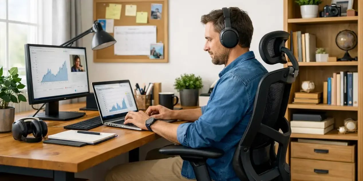 Hombre trabajando desde casa en una habitación adaptada con escritorio y silla ergonómica