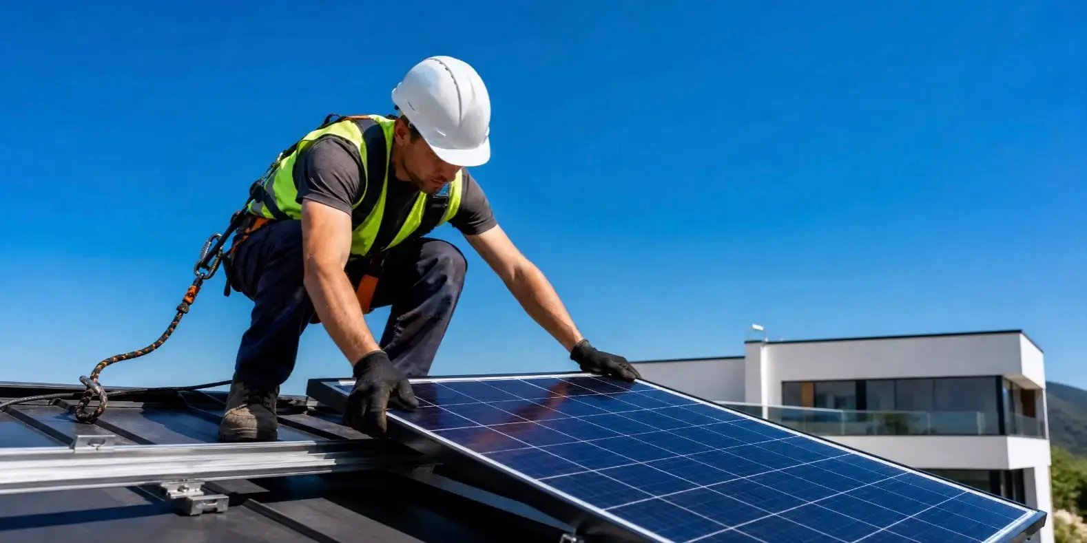 Hombre trabajando en el techo de una casa instalando paneles solares, vestido con equipo de seguridad como casco y arnés.