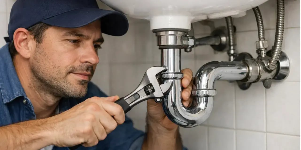 Hombre usando una llave ajustable para ajustar la tuberia del lavabo