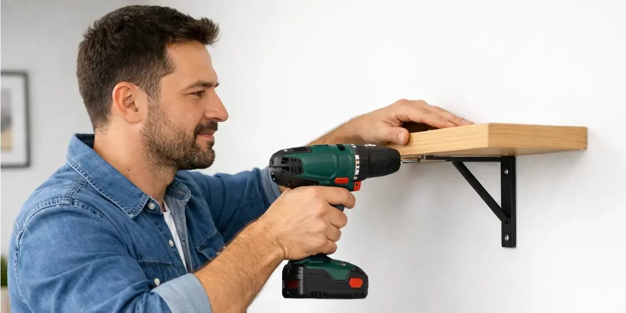 Hombre utilizando un taladro para instalar una repisa