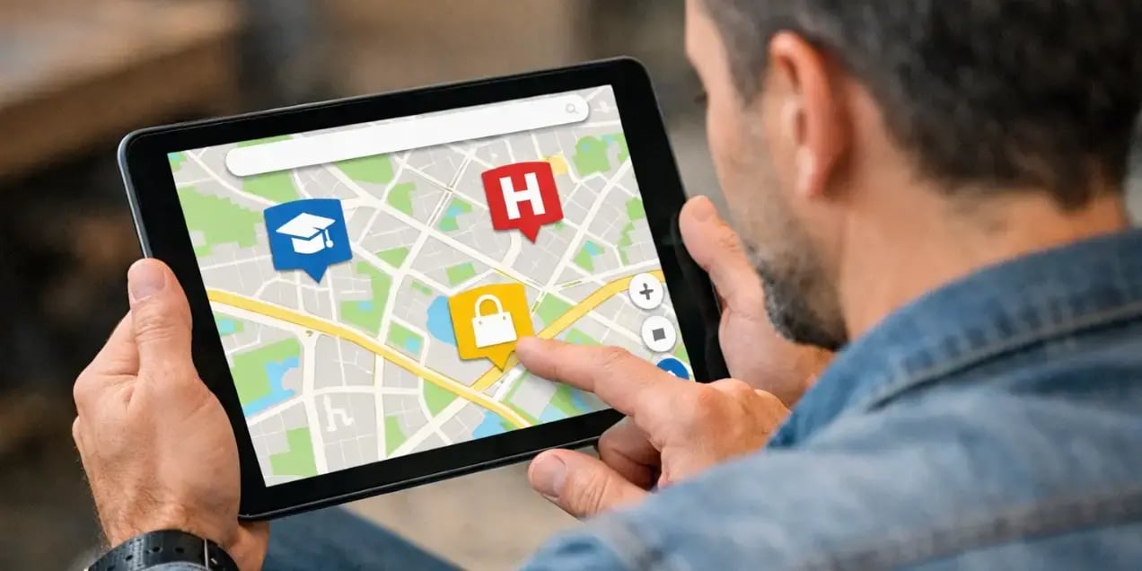 Hombre viendo una tablet en google maps de las escuelas, hospitales y centros comerciales que hay cerca de su casa