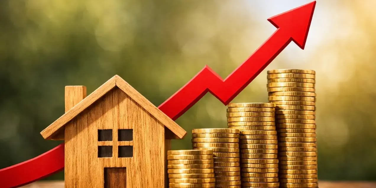 Imagen a lo lejos de una casa de desarrollo residencial con una flecha en aumento y una torre de monedas a un lado