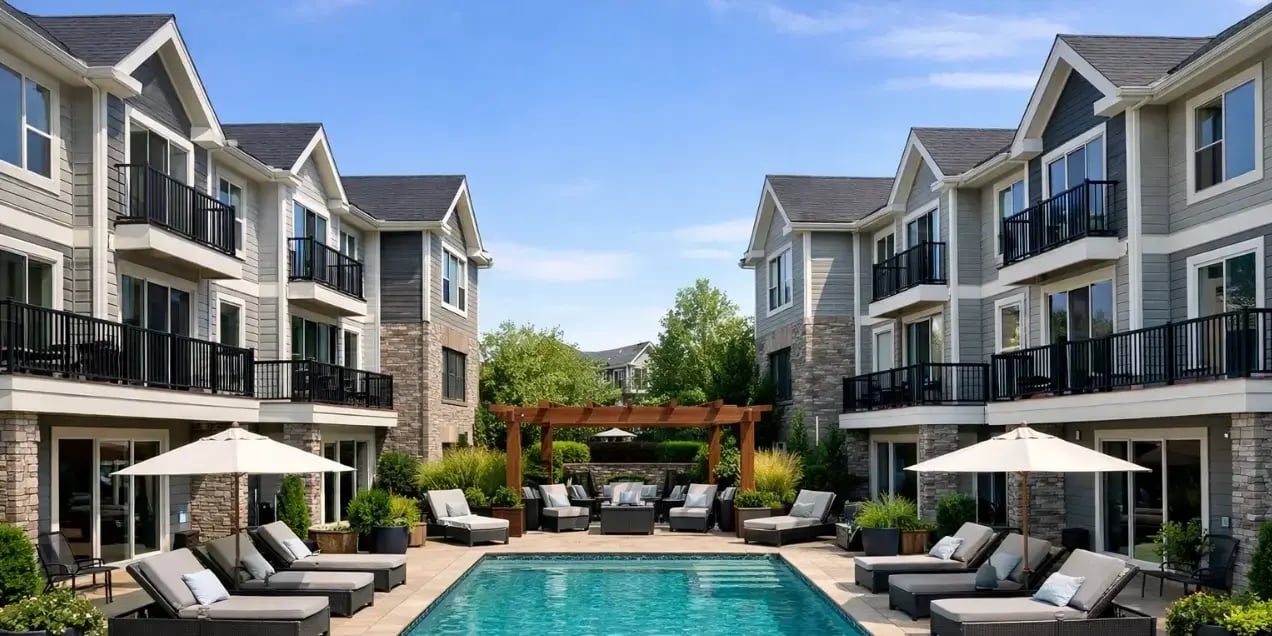 Imagen de 4 townhouse y en medio se ve una alberca