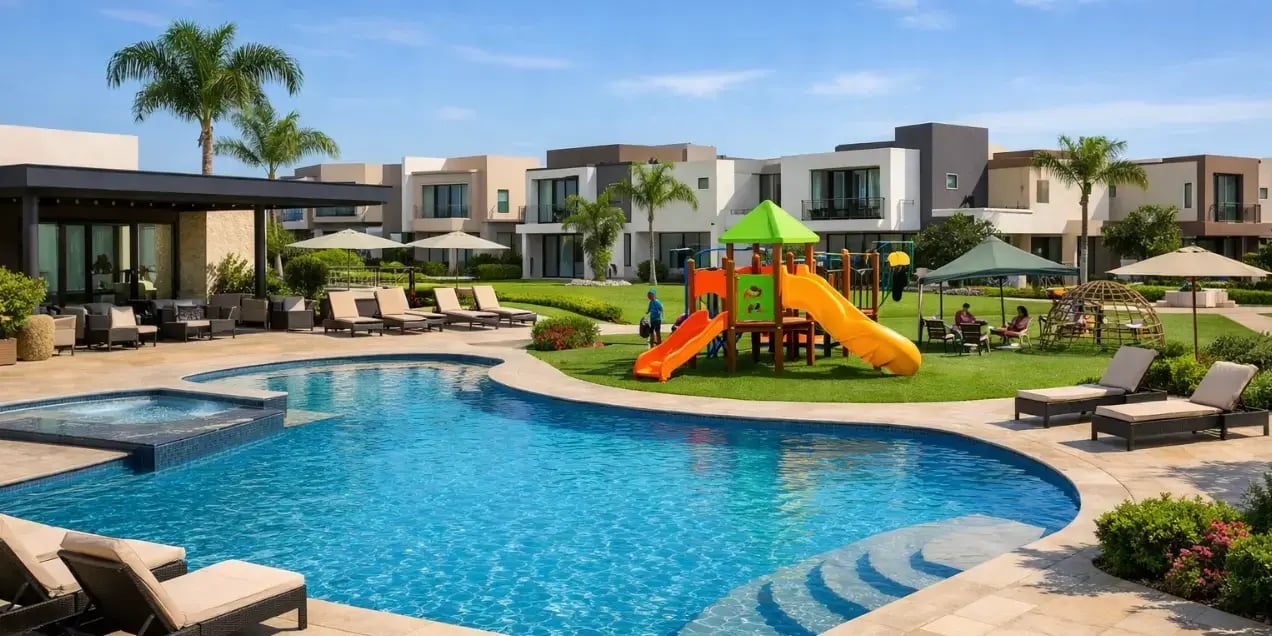 Imagen de casas en un desarrollo con amenidades como alberca y juegos infantiles
