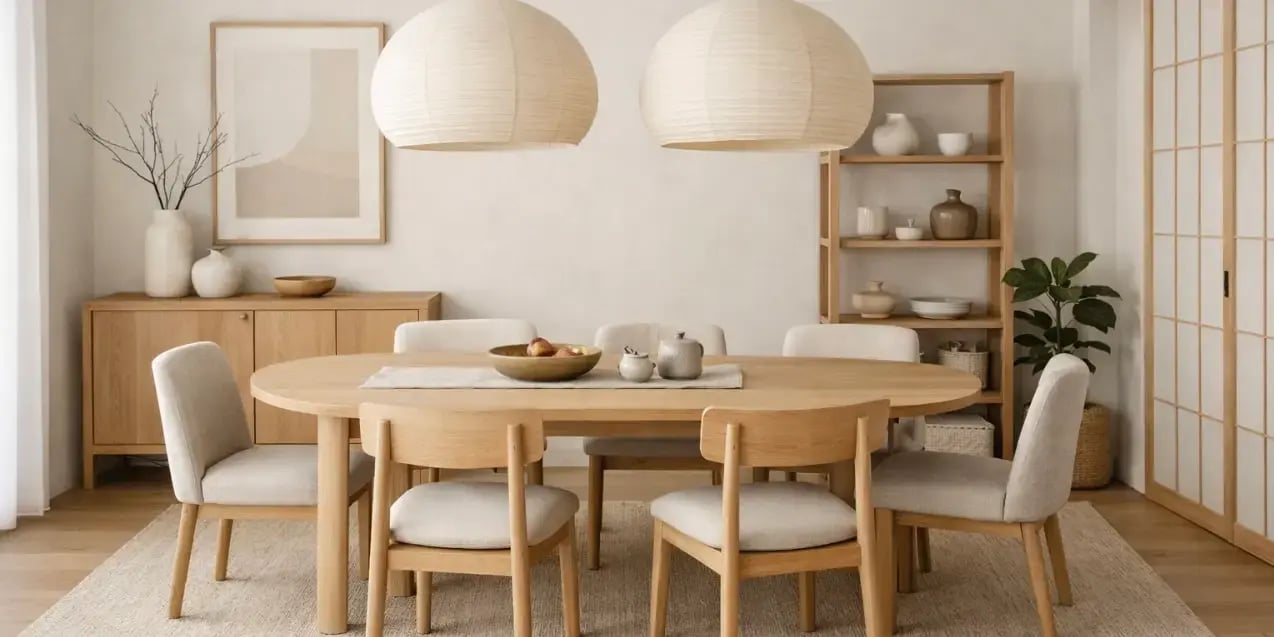 Imagen de comedor estilo japandi con paredes claras, muebles en tono neutro y pocas plantas