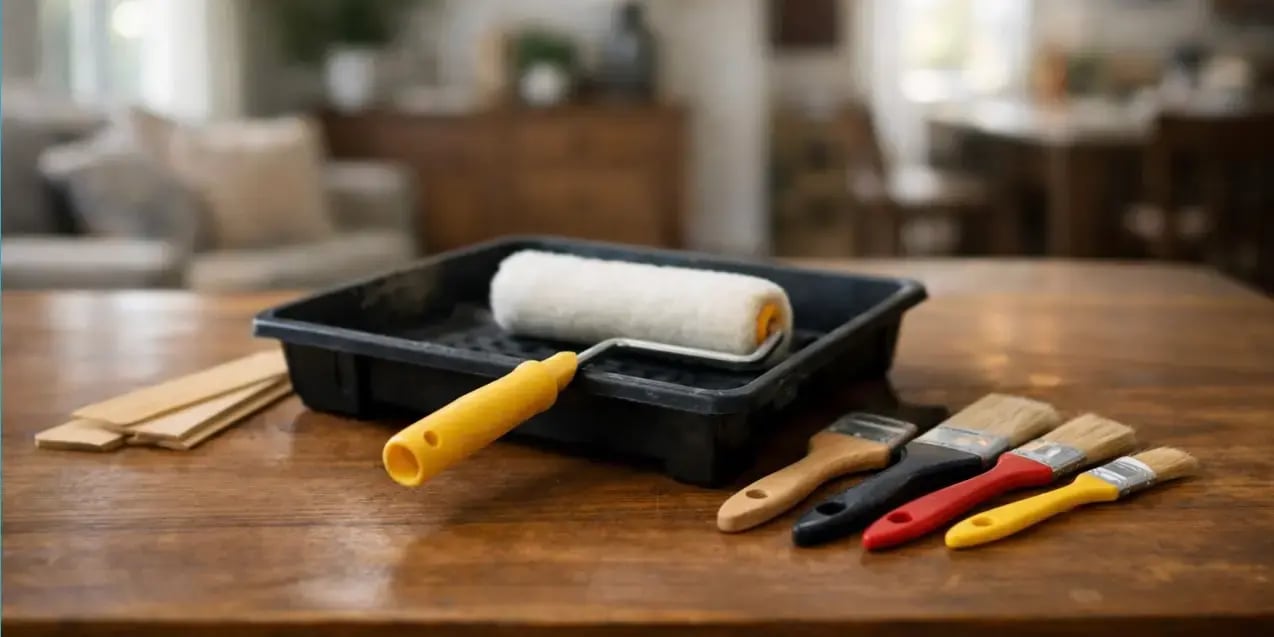 Imagen de l una brocha un rodillo crochas y charola de pintura en la mesa de una casa