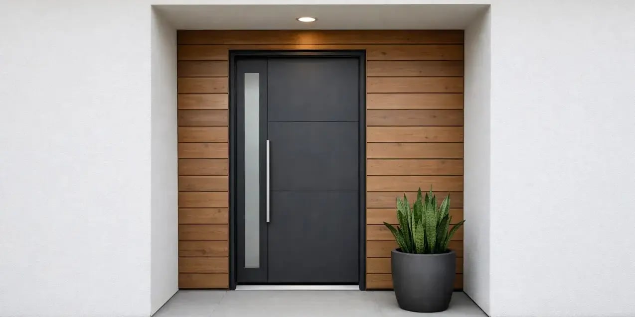 Imagen de la entrada de una casa pequea moderna que no tiene nada obstruyendola solo una maceta