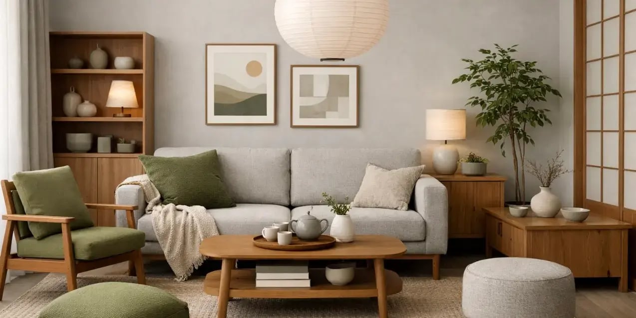 Imagen de sala estilo japandi con tonos gris claro, marrón y verde oliva, además de muebles funcionales y textiles suaves