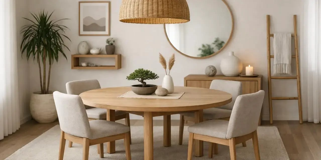Imagen de un comedor de una casa con decoracion feng shui minimalista con una mesa redonda