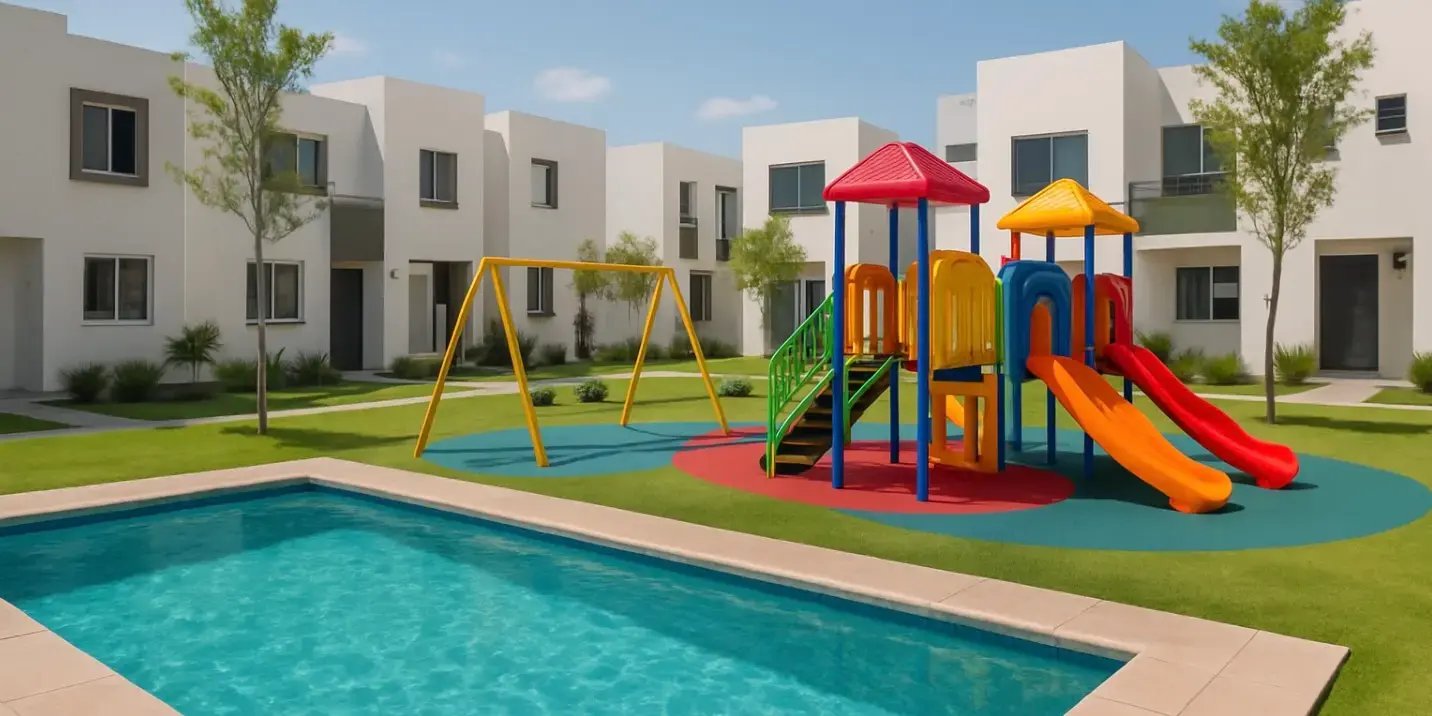 Imagen de un desarrollo con amenidades como alberca y juegos infantiles