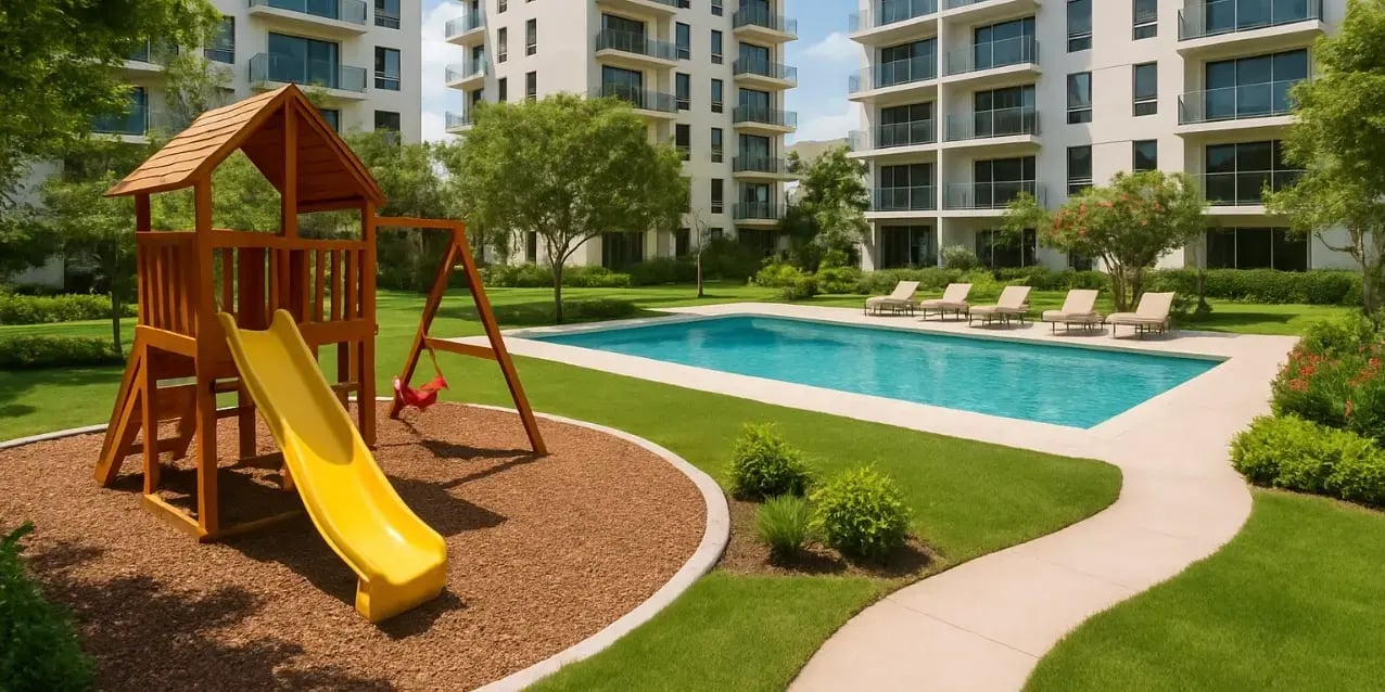 Imagen de un desarrollo inmobiliario con amemidades como areas verdes alberca y juegos infantiles