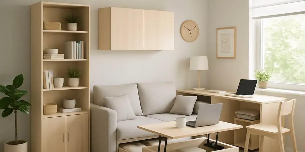 Imagen de un hogar moderno y ordenado con muebles multifuncionales