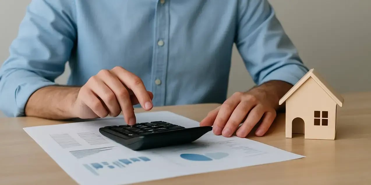 Imagen de un hombre con una calculadora sobre una mesa ademas de unos documentos revisando créditos hipotecarios