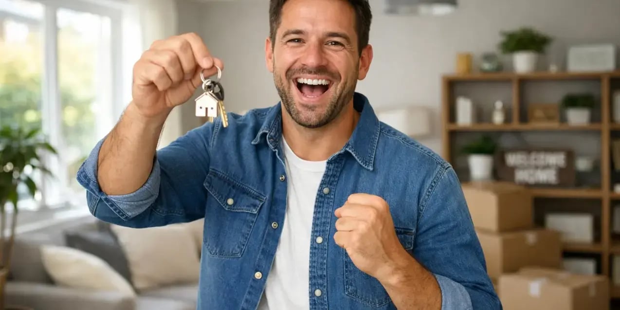 Imagen de un hombre que acaba de comprar su casa esta emocionado sosteniendo las llaves en la sala