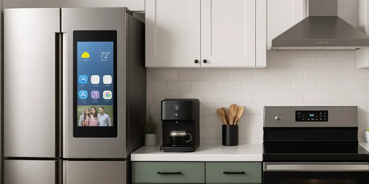 Imagen de una cocina con electrodomesticos inteligentes como un horno un refrigerador y una cafetera