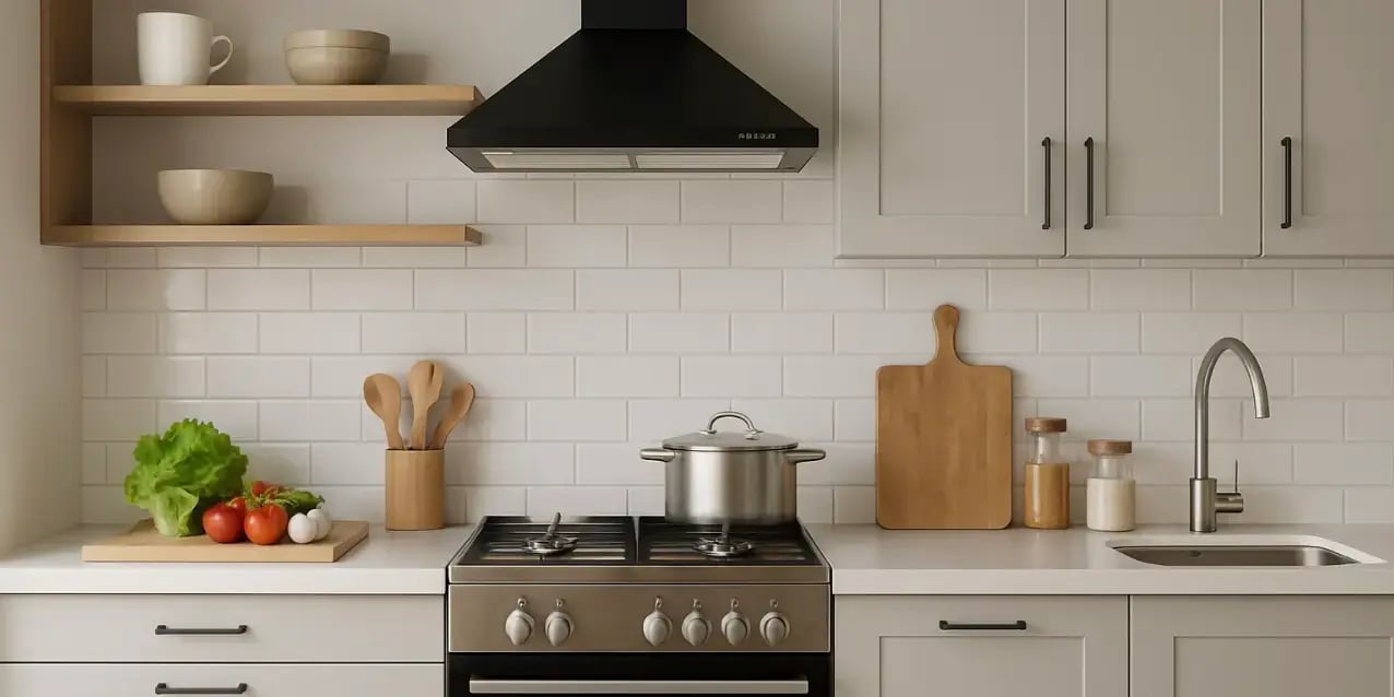 Imagen de una cocina que tiene claras y separadas las zonas de preparacion coccion y guardado