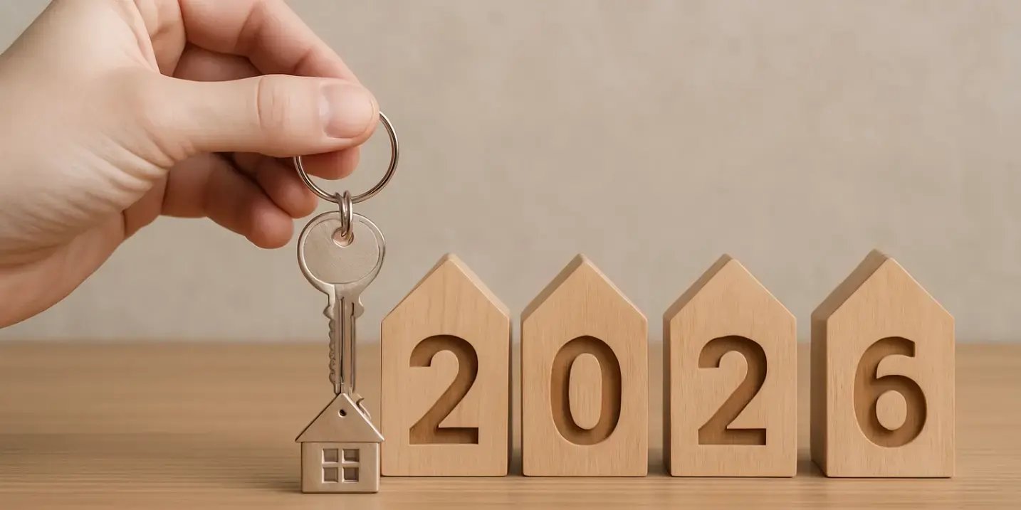 Imagen de una mano sosteniendo las llaves de una casa y 4 casitas de madera formando el numero 2026