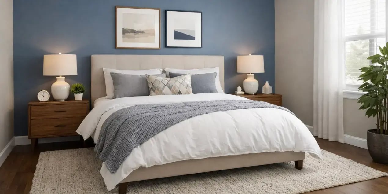 Imagen de una recamara con paredes grises y azules