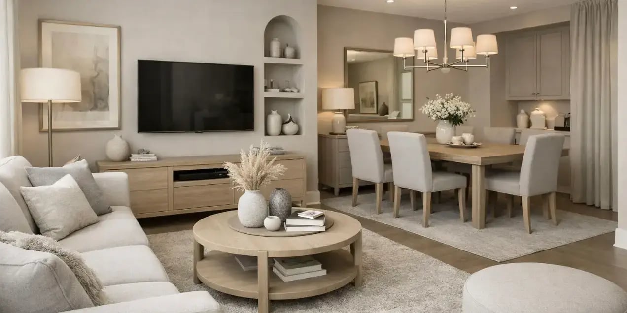 Imagen de una sala  y comedor en color beige claro y gris