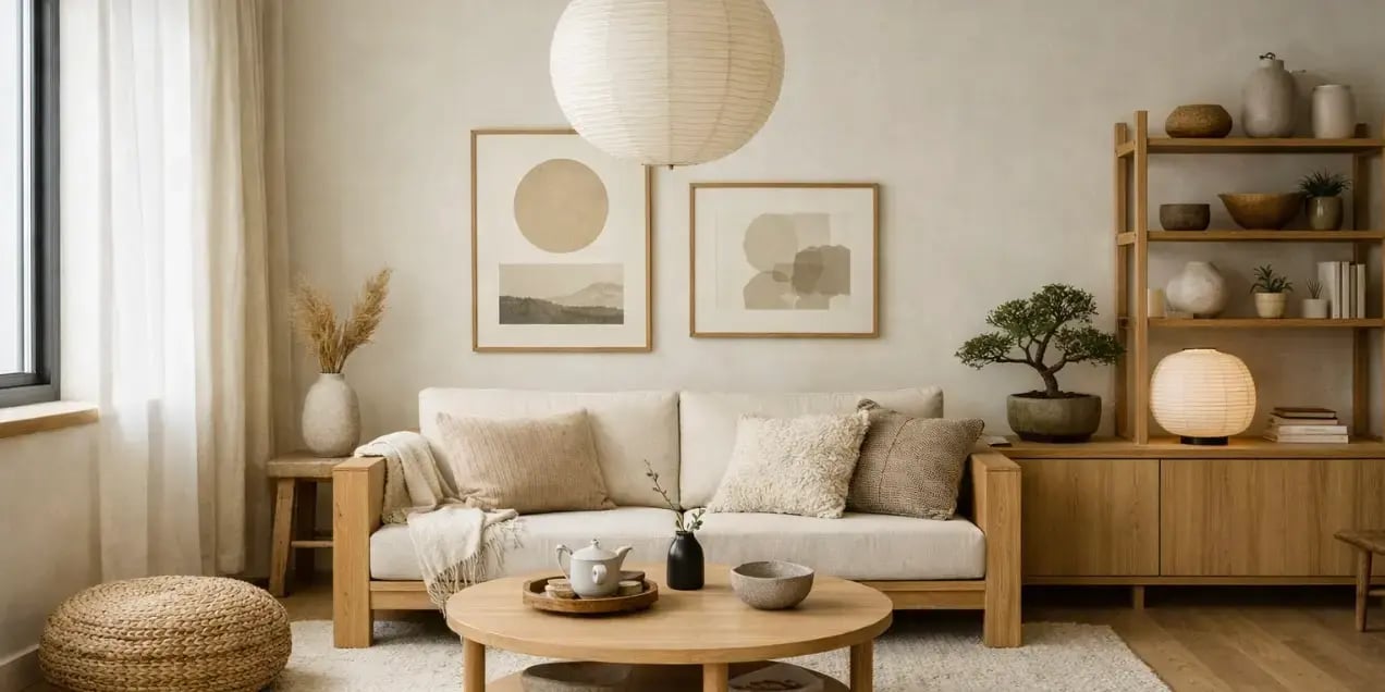 Imagen de una sala con decoracion estilo japandi