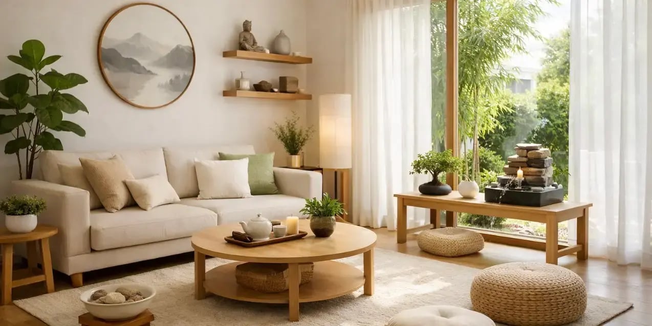Imagen de una sala decorada con estilo feng shui minimalista y adems cuenta con una buena iluminacin natural